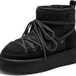 BEAU TODAY Snow Boots for Women, Platform Anti-Slip Winter Booties, Warm Fur Lace Up Round Toe Ankle Boots for Women, Comfort Faux Fur Outdoor Walking Boots